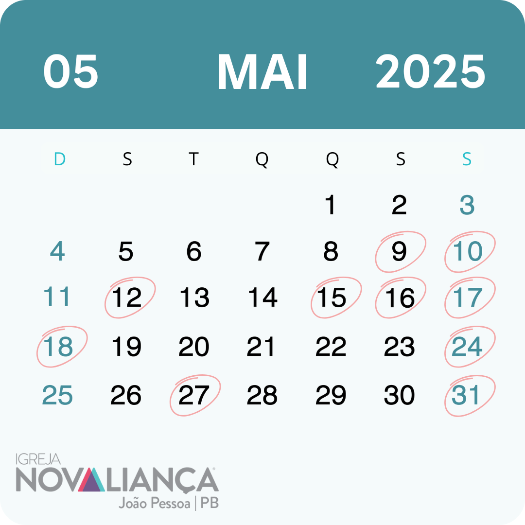 Calendário MAI 25 - Maio de 2025 - INA - Igreja Nova Aliança de João Pessoa